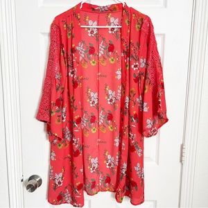 Boutique | Boho Floral Kimono Coverup With Lace Crochet